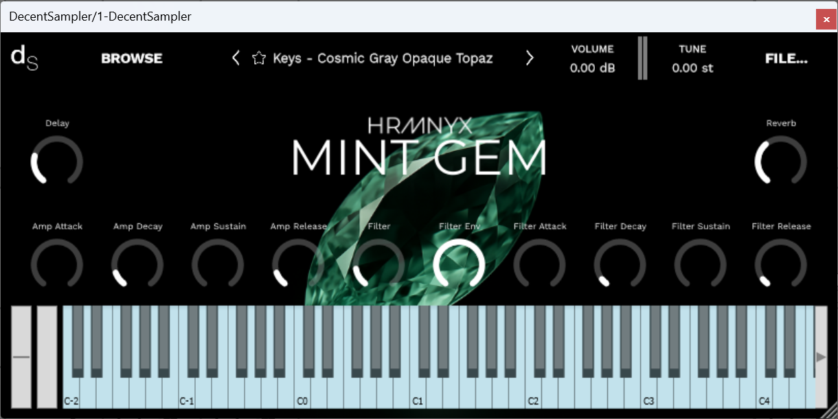 A screenshot of the Mint Gem Sample Library instrument interface in Decent Sampler.